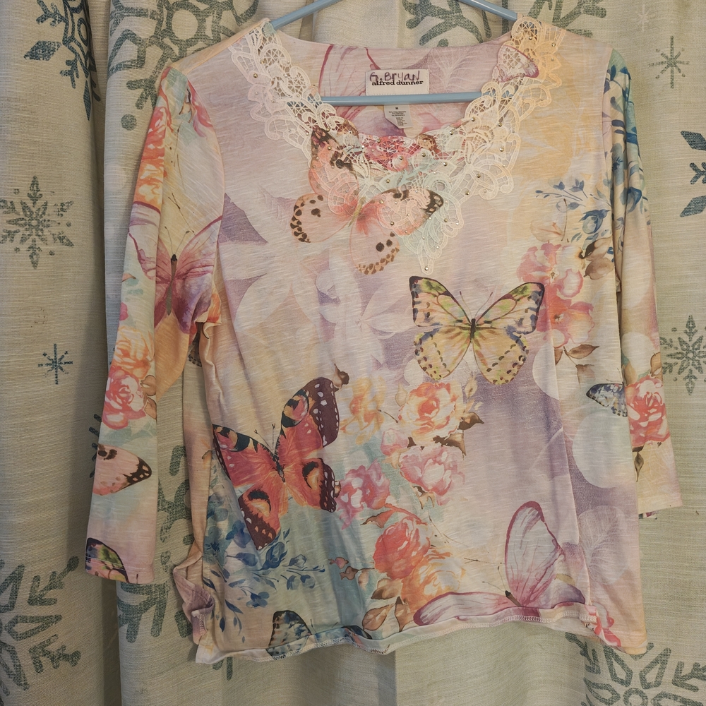 Alfred Dunner Pastel Butterfly Floral Long Sleeve Top with Crochet Trim